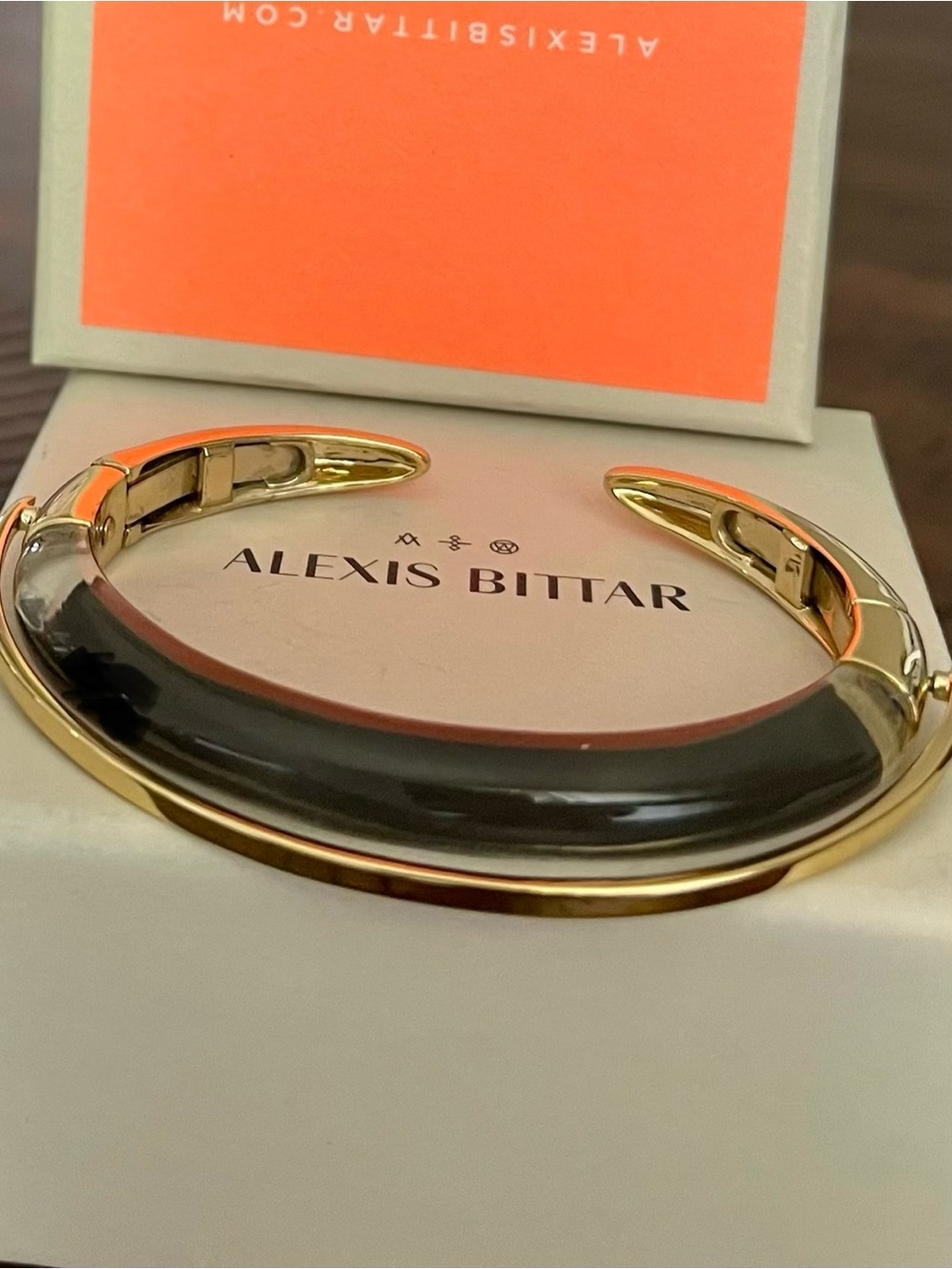 Alexis Bittar Orbital Lucite Dark Grey Black & Golden Bangle Bracelet - Picture 4 of 17